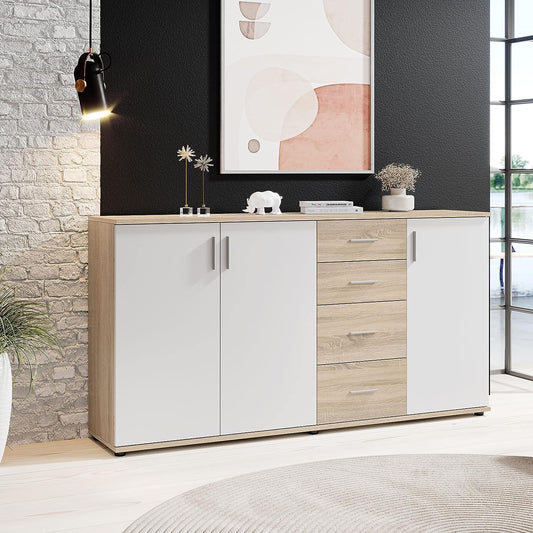 credenza moderna madia soggiorno cucina ingresso cassettiera camera salotto in legno mobile multiuso ufficio studio dispensa moderno buffet tv bianco e rovere quercia T2056,59,1S