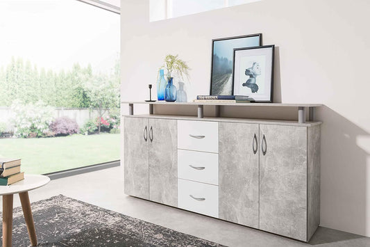 credenza moderna madia soggiorno cucina ingresso cassettiera camera salotto in legno mobile multiuso ufficio studio dispensa moderno buffet tv grigio cemento bianco T2253,66,0S