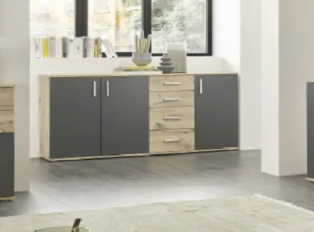 credenza moderna madia soggiorno cucina ingresso cassettiera camera salotto in legno mobile multiuso ufficio studio dispensa moderno buffet tv marrone rovere e grigio scuro T2056,59,2S