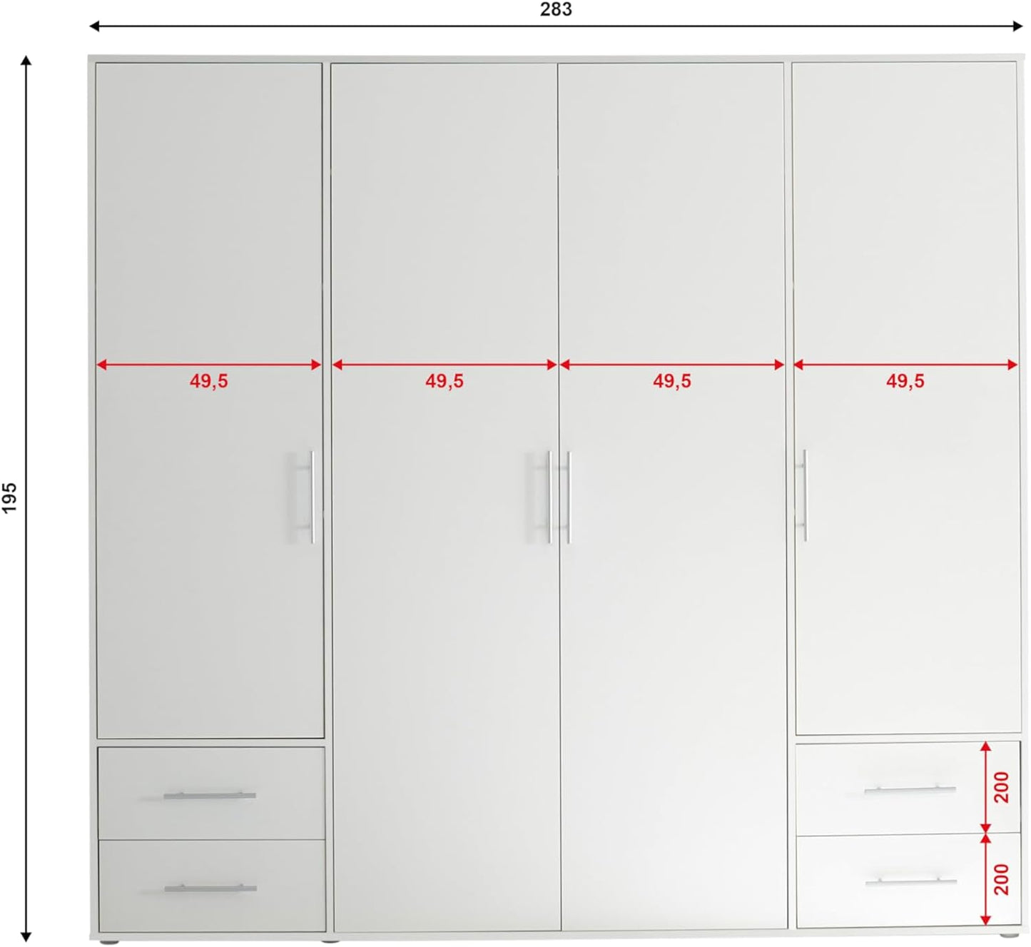 armadio moderno per camera da letto 4 ante battenti 4 cassetti in legno bianco 77Y2651,240F55