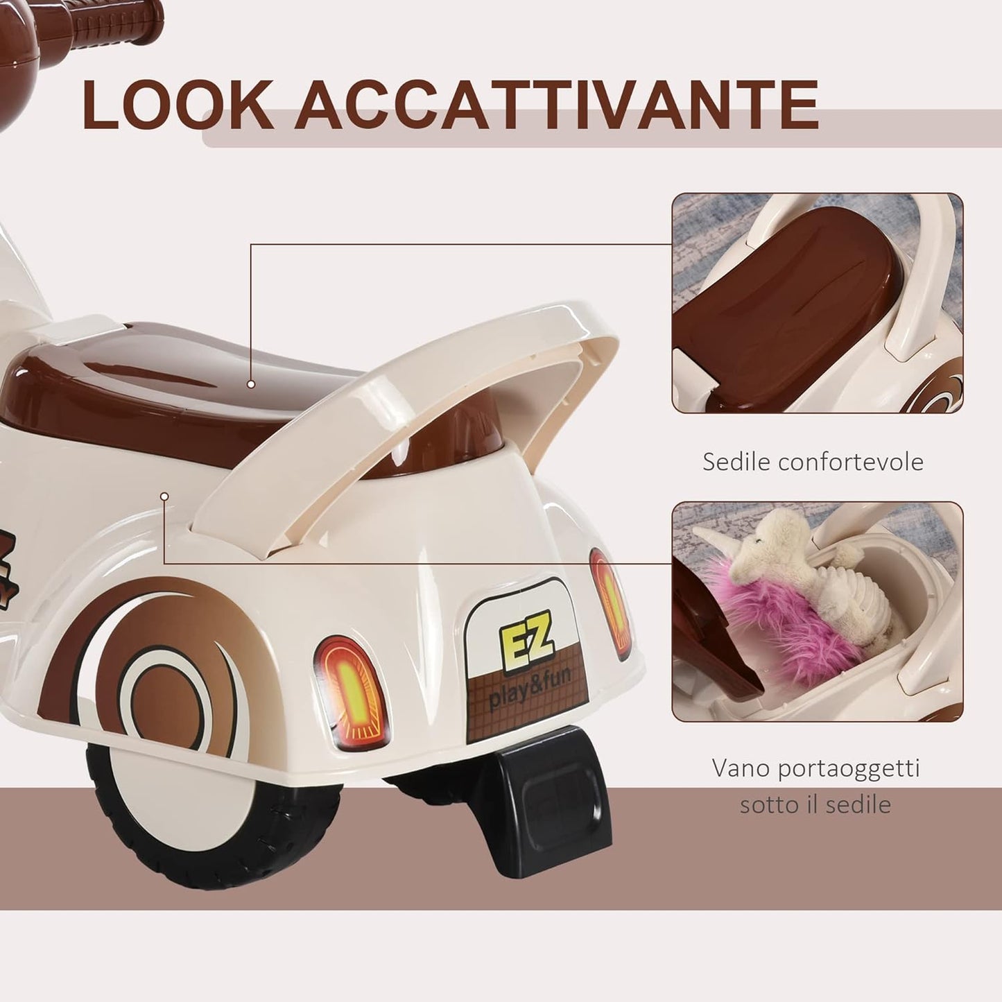 Moto per Bambini 12-36 mesi, Triciclo Senza Pedali con Luci e Suoni Realistici, Beige e Marrone, 66x33x 47.7cm giocattoli giocattolo RF6370-106WTDD3