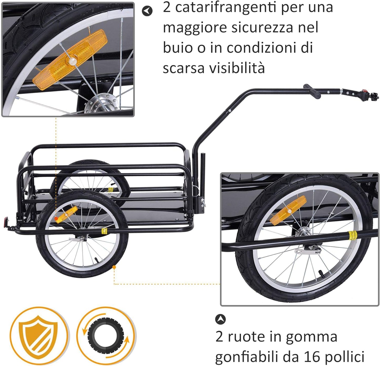 Carrello per Bicicletta Rimorchio Cargo Bici Trasporto di Oggetti Pieghevole Portata 36kg 156x72x82cm R5TB71-020D44