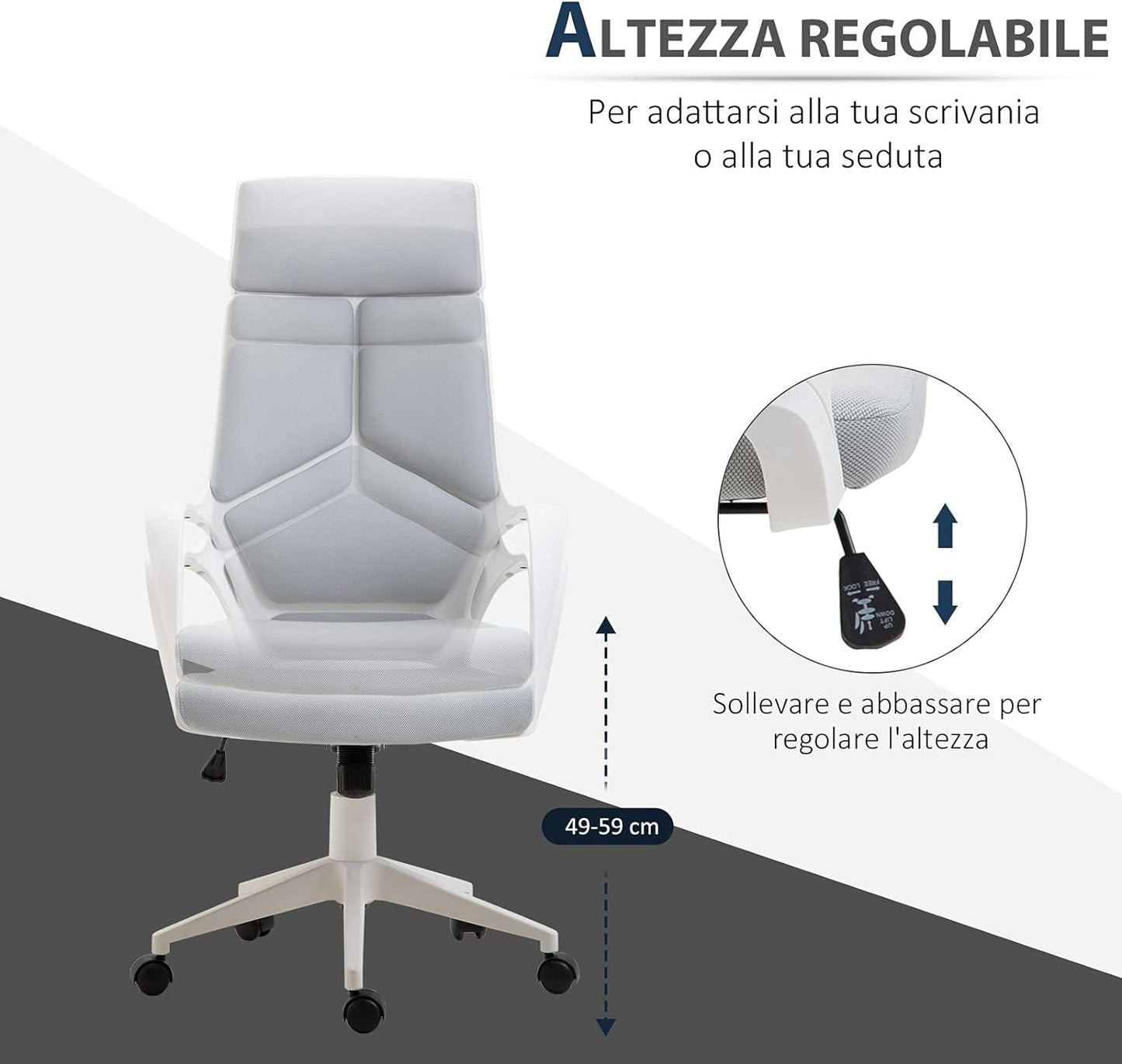 Sedia da Ufficio con Funzione Dondolo, Poltrona Presidenziale in Tessuto Regolabile e Girevole design , 63x63x117-127 cm, Grigio 8B6921-071S4V