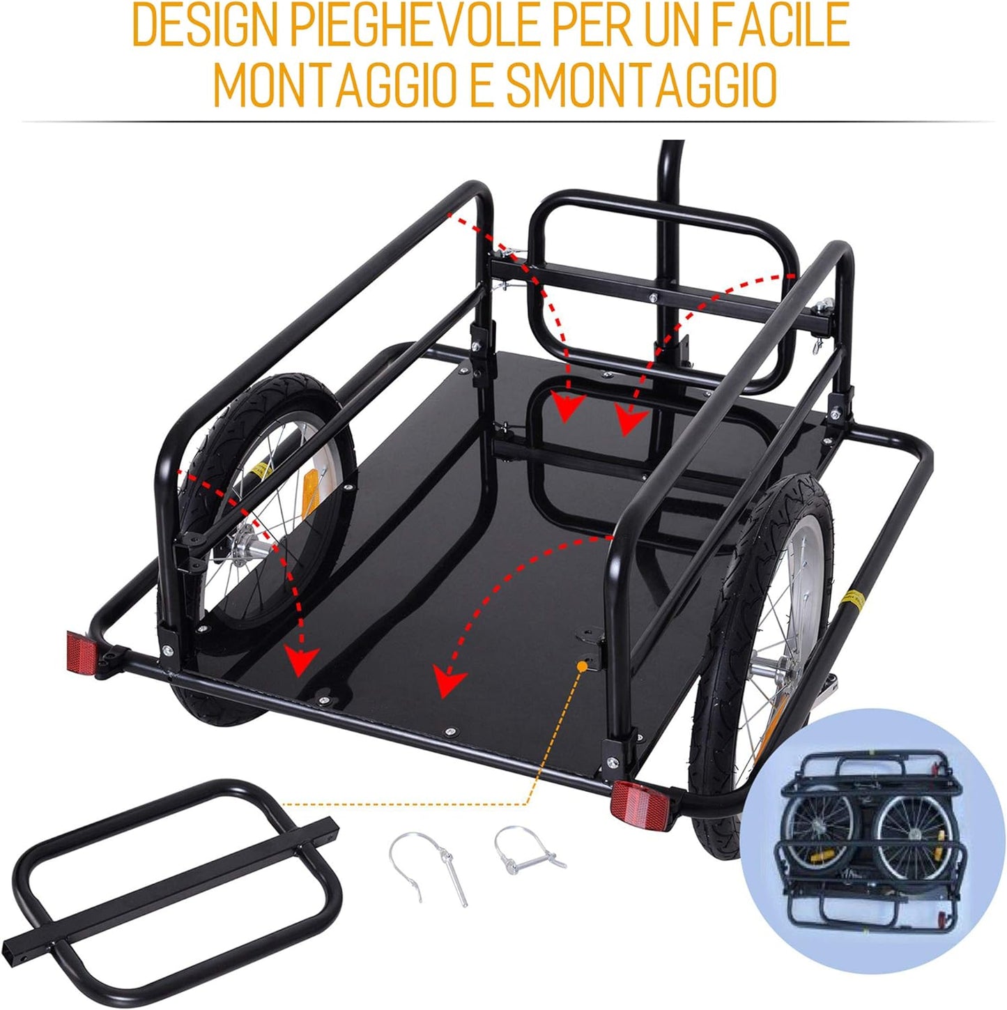 Carrello per Bicicletta Rimorchio Cargo Bici Trasporto di Oggetti Pieghevole Portata 36kg 156x72x82cm R5TB71-020D44