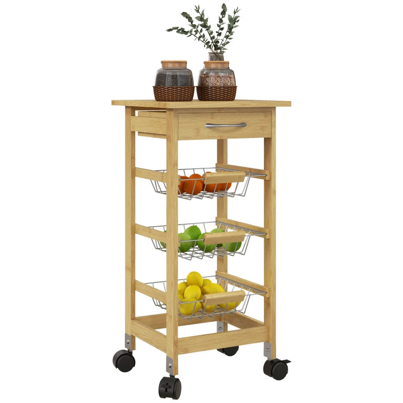 Carrello Cucina con Ruote, Cassetto e 3 Cestini a Rete Metallica, 37x37x76cm, Colore Legno TR6801-350V00NDTR6