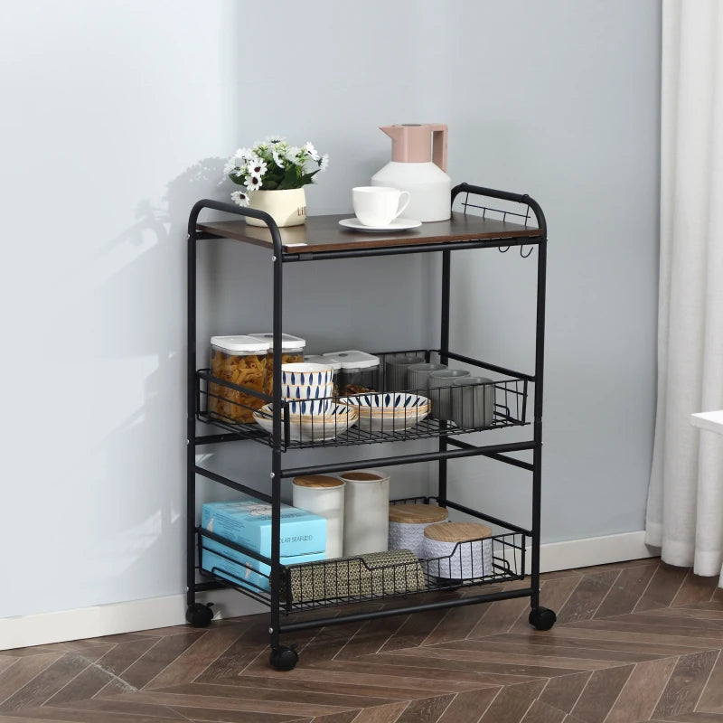 Carrello da Cucina Portavivande Stile Industriale con 4 Ruote, 2 Cestini e 4 Ganci, 60x38x85.5cm, Marrone Nero FT9801-225FT9