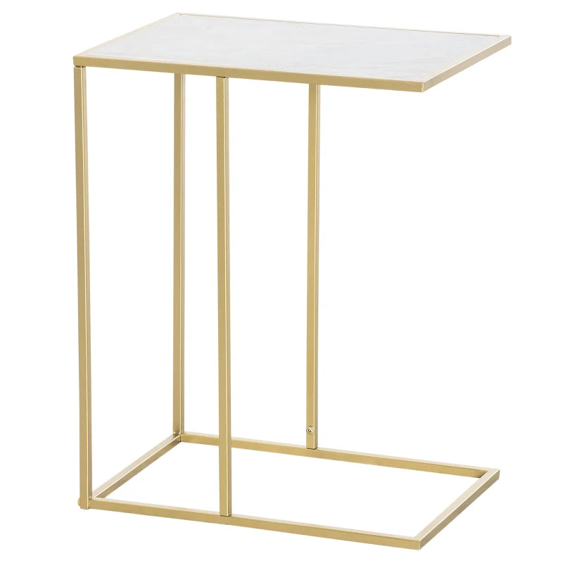 Tavolino da Salotto con Piano Effetto Marmo e Base in Metallo, 48x30.5x61cm, Bianco e Oro KJ884B-831KJ8