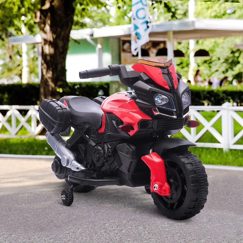 Moto Elettrica per Bambini con Fari e Clacson, Batteria 6V Velocità 3km/h, Età 18-48 Mesi, 88.5x42.5x49cm, Rosso GB7370-159V90RDGB7