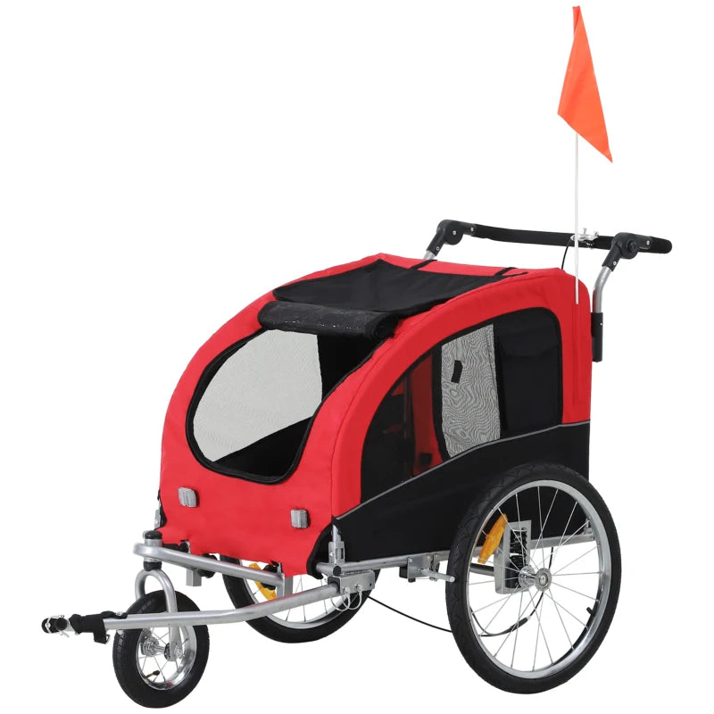 Rimorchio Bici per Cani Taglia Media a 2 Ingressi con Finestrelle e Tettuccio Apribile, 126-155x83x108 cm, Rosso GB65663-1289GB6