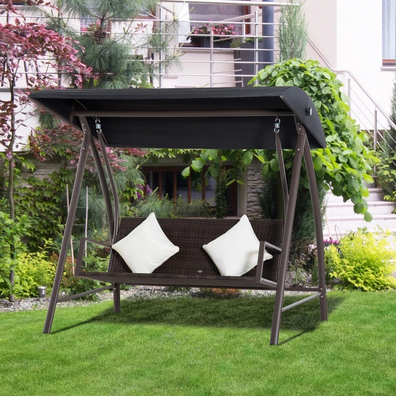 Dondolo da Giardino 3 Posti in Rattan PE e Metallo con Cuscini e Tetto Parasole, 198x124x179cm, Marrone 867-106BN