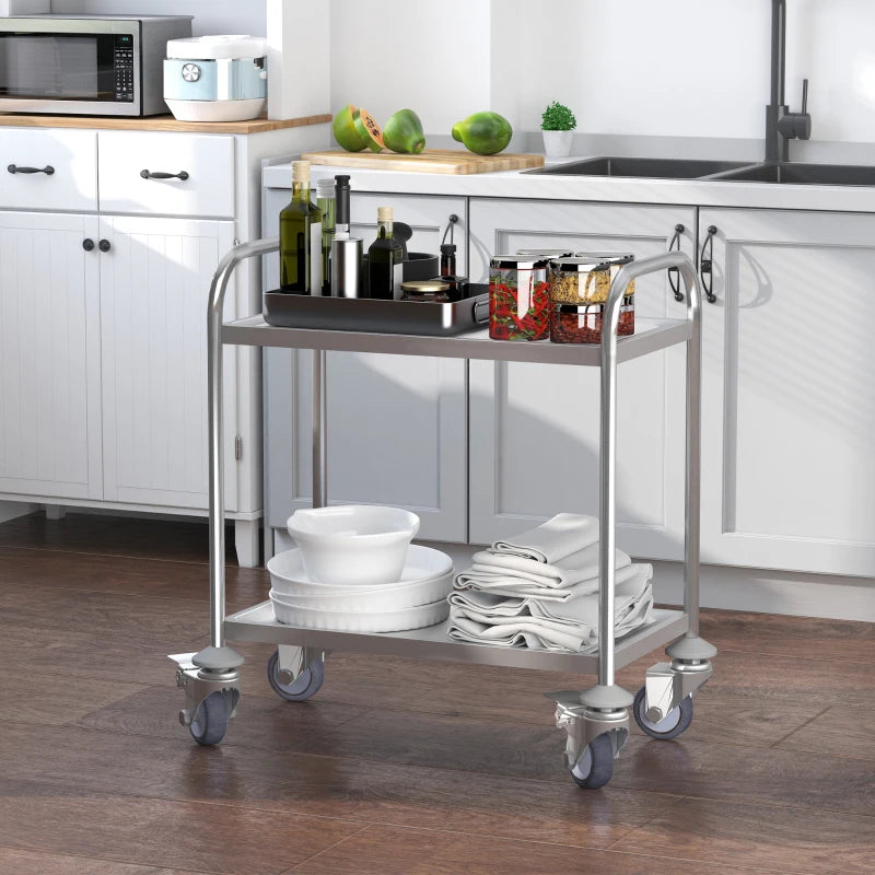 Carrello da Cucina 2 Ripiani con Ruote in Acciaio Inox 71x41x81cm, Argento ER4801-076ER4