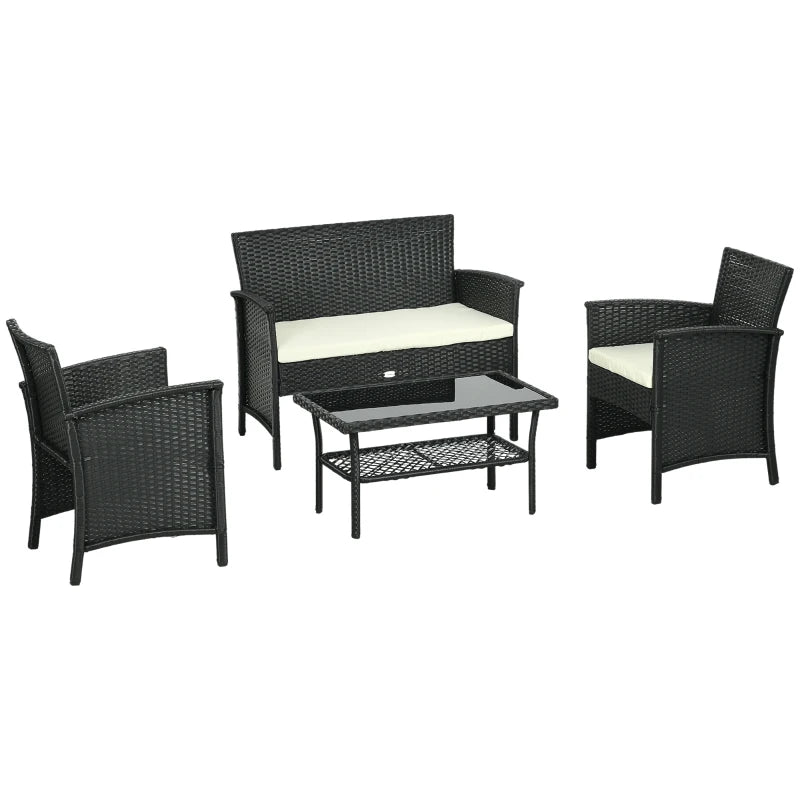 Salotto da Esterno Rattan PE con Divano 2 Posti, 2 Poltrone con Cuscini e Tavolino in Vetro, Nero 860-331V00CW