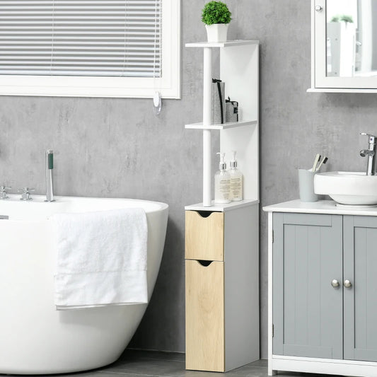 Colonna Bagno con 2 Ripiani e 2 Armadietti, Mobile Alto Salvaspazio 15.2x29.8x118 cm, Bianco e color Legno TL3834-456NDTL3