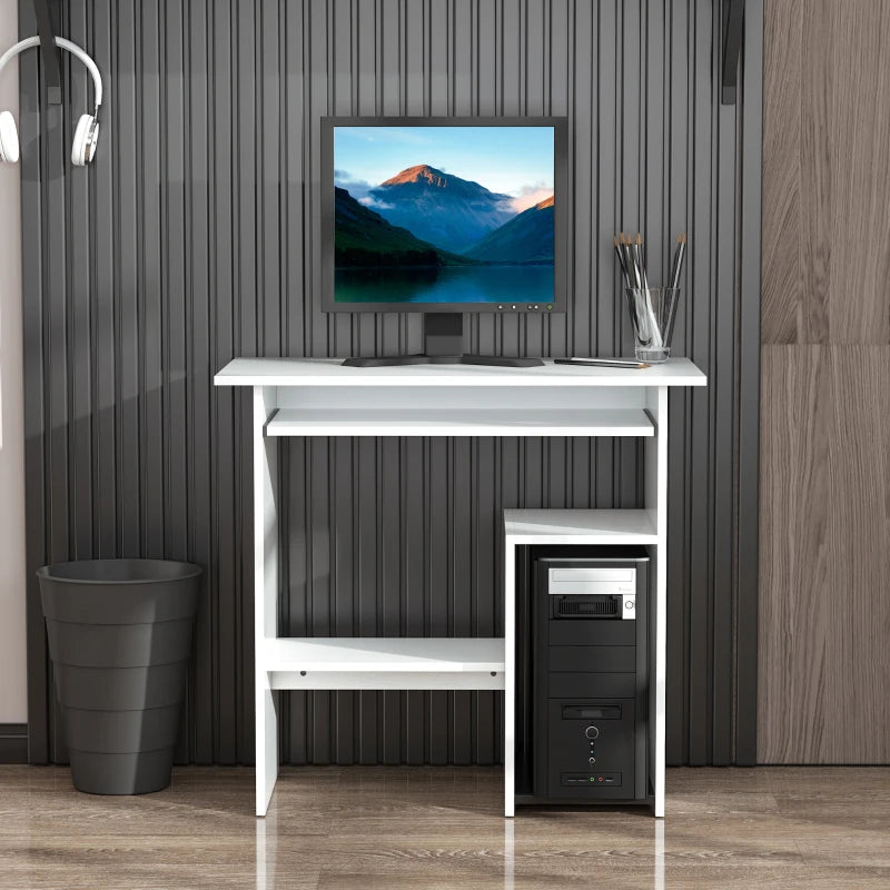 Scrivania per Computer Porta PC Moderna Salvaspazio, Scrivania da Uffcio con Ripiano per CPU e Mensola Tastiera Estraibile in Legno, 80x45x75cm, Bianco QU6836-092WTQU6