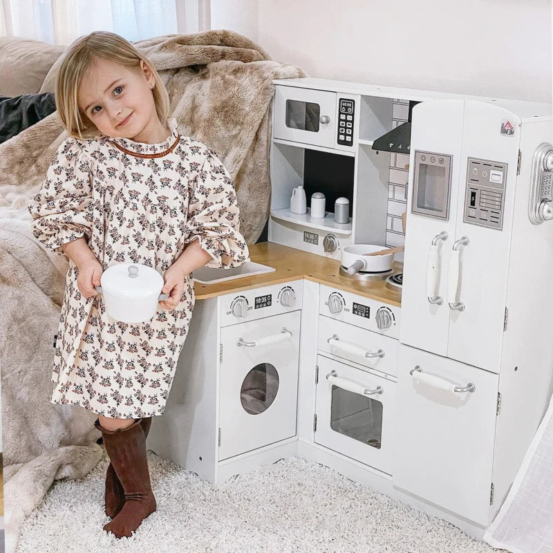 Cucina Giocattolo in Legno per Bambini 3-6 Anni con 14 Accessori, Forno e Lavandino, 82x65x87 cm, Bianco BH5350-106BH5