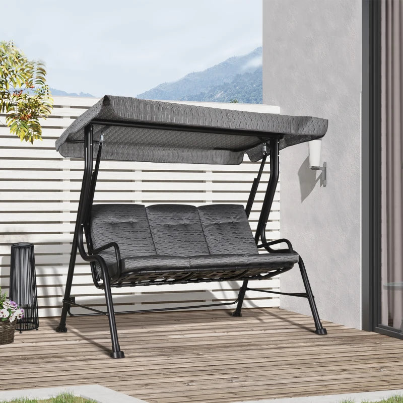 Dondolo da Giardino per 3 Persone con Tettuccio Regolabile e Cuscini, 200x120x170cm, Nero 84A-140BK