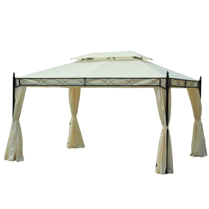 Gazebo da Giardino 3x4m in Acciaio con Doppio Tetto e 4 Tende Laterali, Crema 01-0872