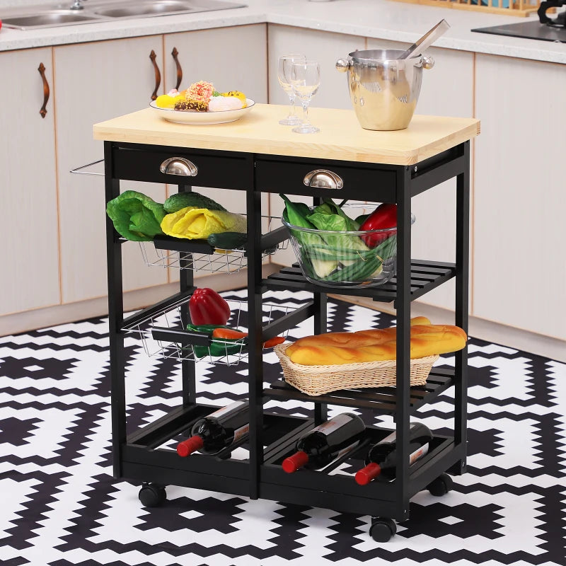 Carrello da Cucina Multiuso in Legno di Pino 74 x 37 x 75cm Nero LK3801-079BKLK3