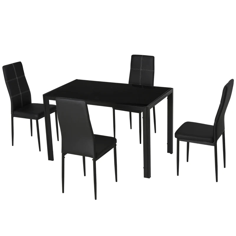 Set 5 Pezzi con 1 Tavolo e 4 Sedie per Cucina o Sala da Pranzo in Finta Pelle, Metallo e Vetro Temperato, Nero TR2835-255BKTR2