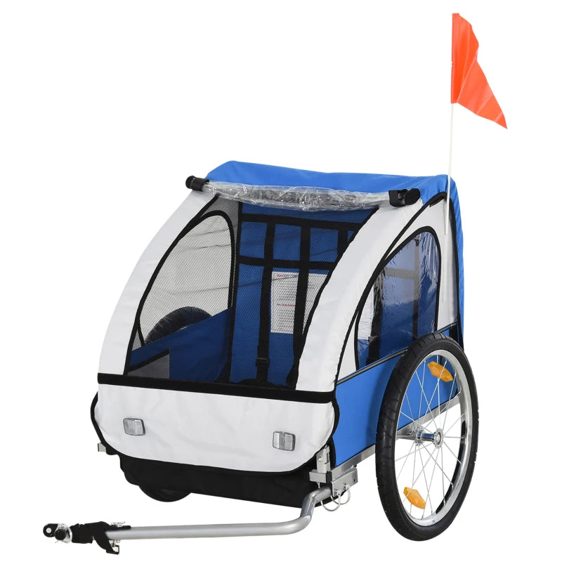 Rimorchio Bici Bambini con 2 Posti, 2 Cinture di Sicurezza, Telaio in Acciaio e Copertura in Tessuto Oxford Blu RE7440-008BURE7