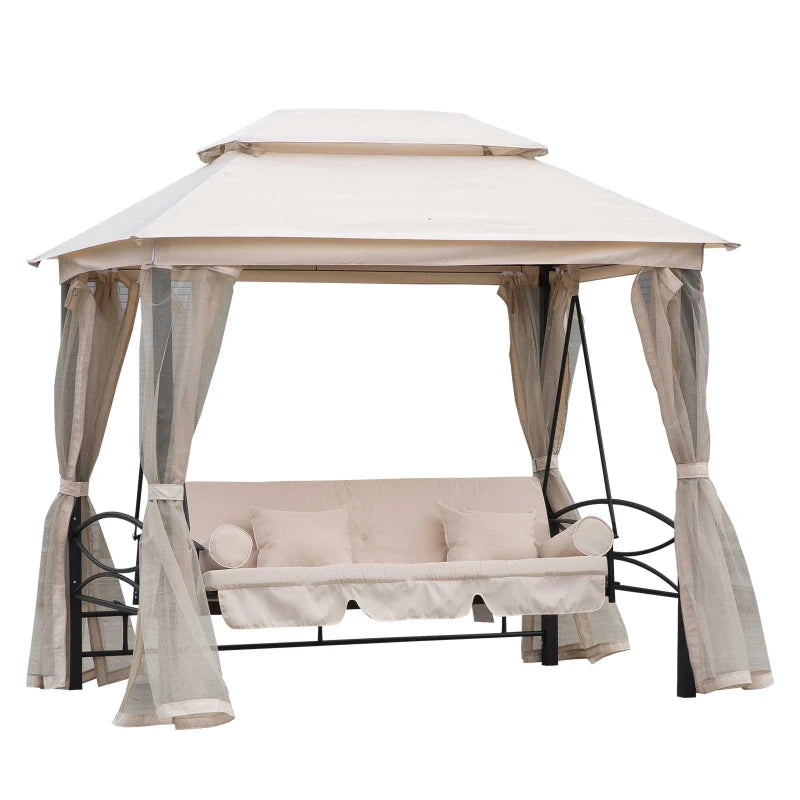 Dondolo 3 Posti e Lettino Singolo Copertura a Gazebo con Zanzariera e Cuscini 256x172x248cm Crema 84A-102