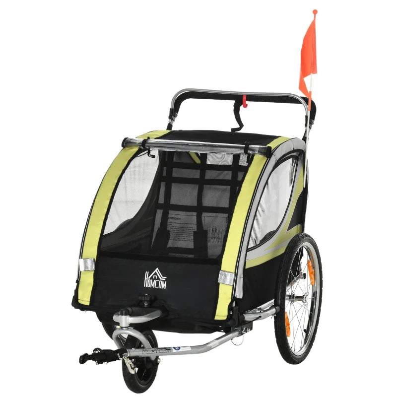 Rimorchio Bici per Bambini Passeggino, Design 2 in 1 con Freno, Cintura a 5 Punti e Tasche Laterali, Riflettori, 116-142Lx75Px101Acm, Giallo MG5440-026YLMG5