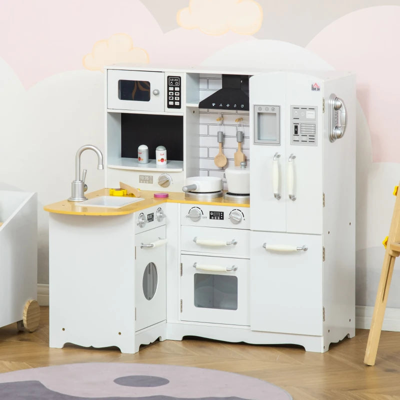 Cucina Giocattolo in Legno per Bambini 3-6 Anni con 14 Accessori, Forno e Lavandino, 82x65x87 cm, Bianco BH5350-106BH5