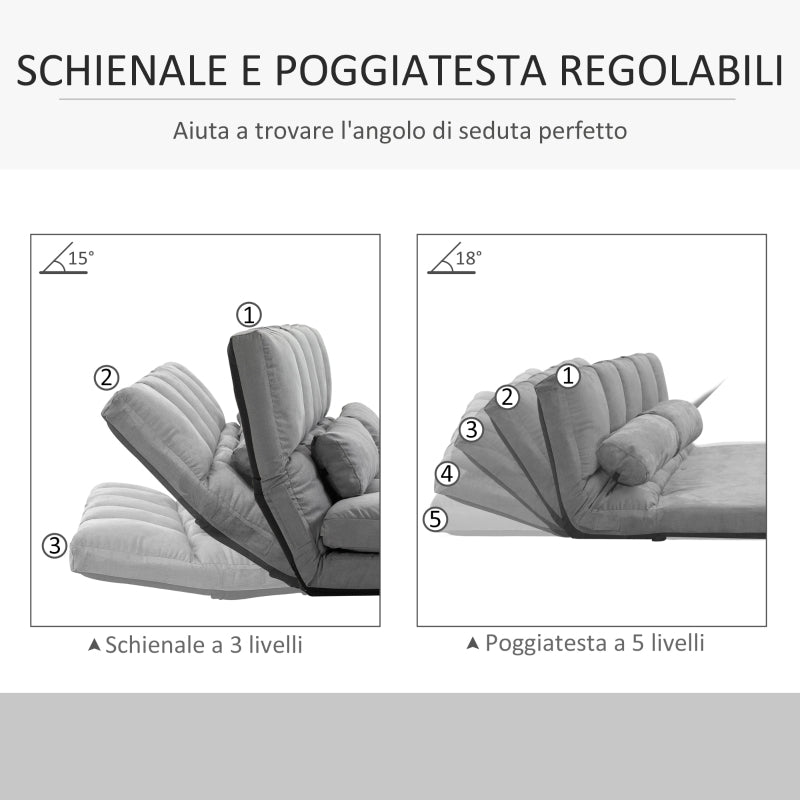 Divano da Terra Pieghevole a Lettino, Schienale Reclinabile su 7 Livelli e Cuscini Divano Moderno per TV Giochi Lettura Yoga Ufficio 130x73x60 cm, Grigio Chiaro F833-932A