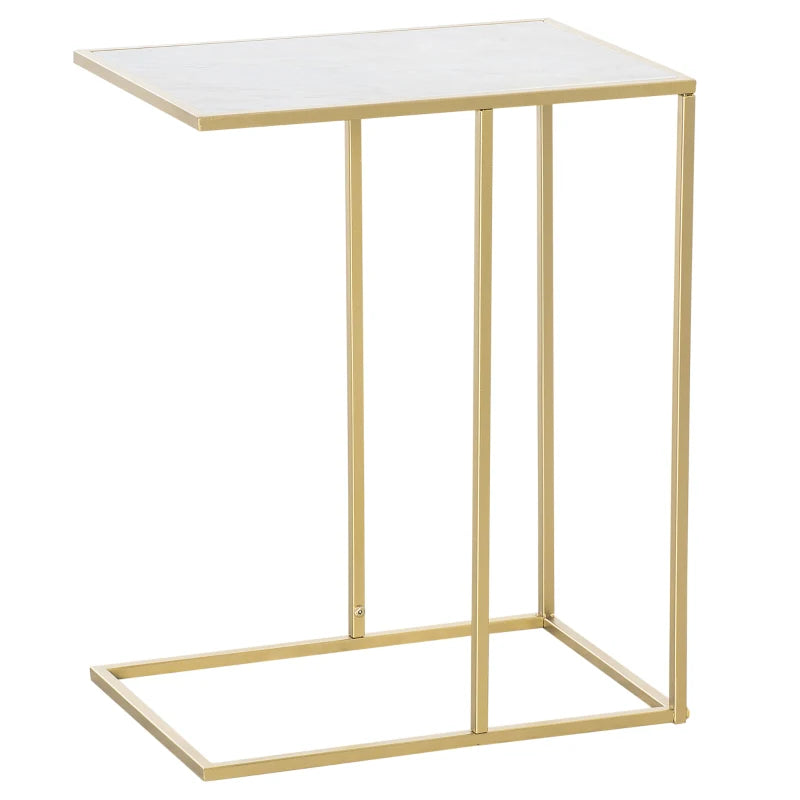 Tavolino da Salotto con Piano Effetto Marmo e Base in Metallo, 48x30.5x61cm, Bianco e Oro KJ884B-831KJ8