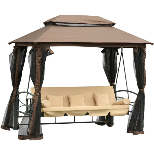 Dondolo 3 Posti da Giardino Convertibile in Lettino con Gazebo, con Zanzariera e Cuscini, 257x175x240cm Cachi  84A-182