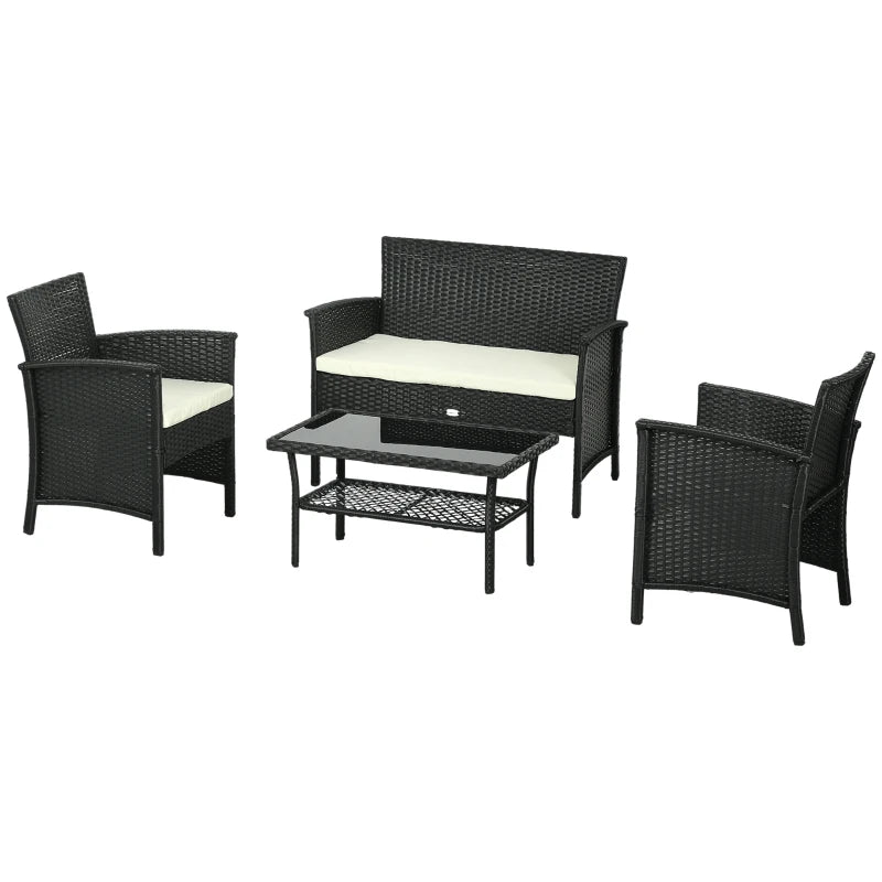 Salotto da Esterno Rattan PE con Divano 2 Posti, 2 Poltrone con Cuscini e Tavolino in Vetro, Nero 860-331V00CW