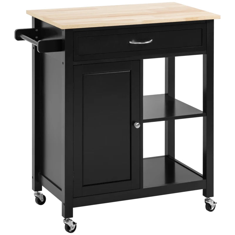 Carrello da Cucina in Legno con Cassetto, Armadietto e Ruote, 83x45x88cm, Nero HG7801-214HG7