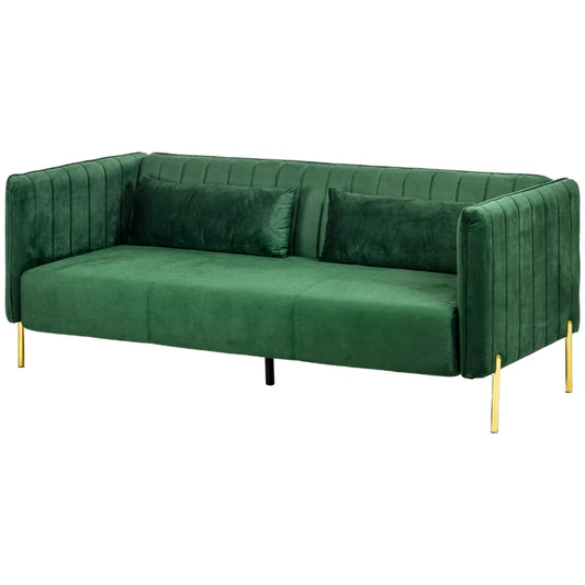 Divano 3 Posti Moderno con Cuscini Imbottiti, Gambe in Acciaio e Tessuto Vellutato, 200x88x76 cm, Verde 839-491V01GN