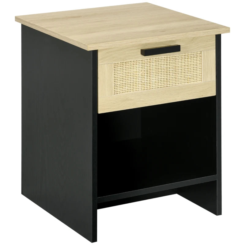 Comodino Stile Boho Chic in Legno e Rattan con Cassetto e Ripiano, 40x40x50cm, Nero e Naturale WS4831-673V80BKWS4