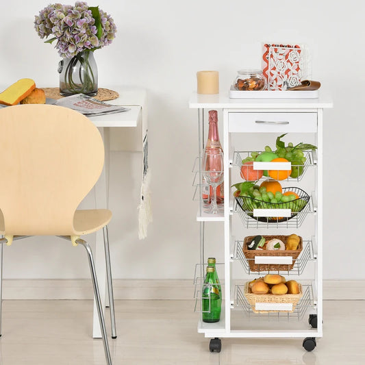 Carrello da Cucina Salvaspazio in Legno Bianco, Portavivande con 1 Piano di Lavoro 1 Cassetto e 4 Cestelli Metallici, 47x37x83cm LK6801-121V01WTLK6