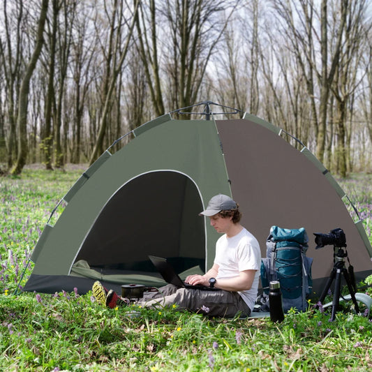 Tenda da Campeggio 2 Posti con Apertura Automatica, Tasche Interne e Tappetino, 205x195x135 cm, Verde Oliva YZ9A20-133YZ9