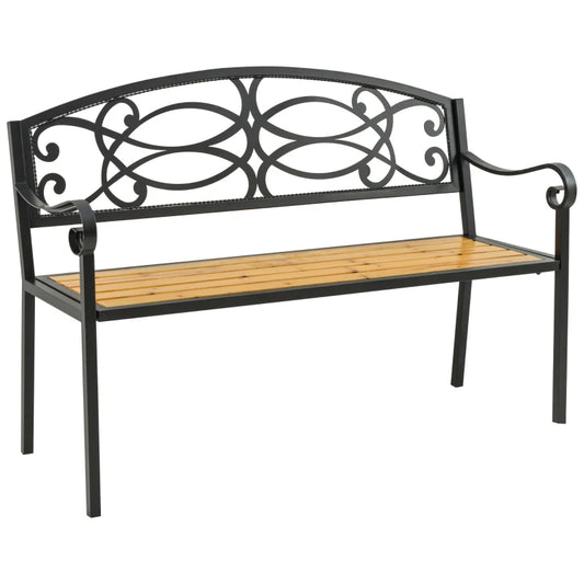 Panchina da Giardino, Panchina da Esterno a 2 Posti in Metallo e Legno, Panca da Esterno Schienale con Decorazione Vintage e Braccioli, 127x52x88cm  84B-976