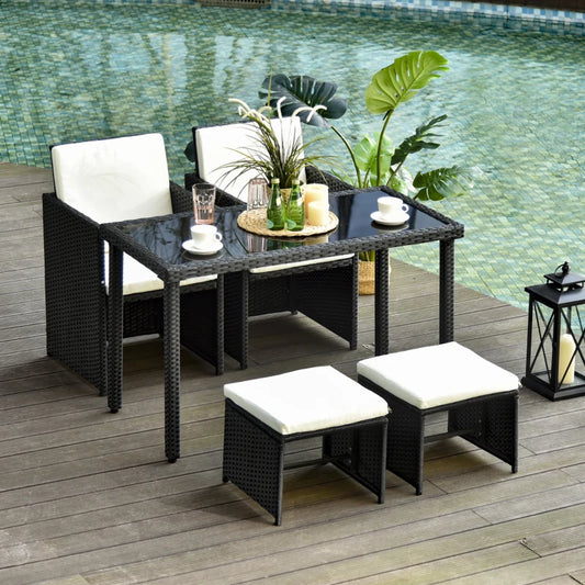 Set Mobili da Giardino in Rattan 5 Pezzi Tavolo 2 Sedie 2 Poggiapiedi con Cuscini Combinabili a Rettangolo 863-010