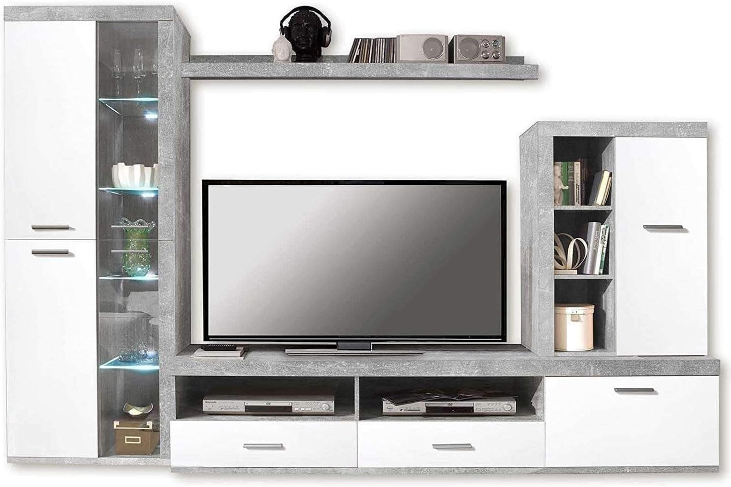 parete attrezzata tv da soggiorno cucina per salotto moderna mobili tv bianco lucido e grigio cemento T2302,105S