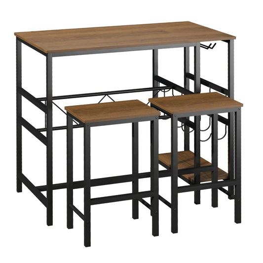 Set Tavolo 2 Sgabelli Alti da Bar in Legno Isola Cucina con Portabottiglie e Portabicchieri in Stile Industriale YU9835-215YU9