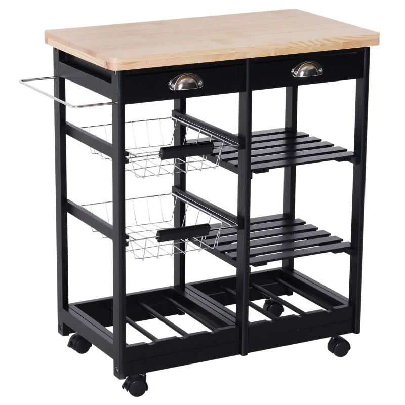 Carrello da Cucina Multiuso in Legno di Pino 74 x 37 x 75cm Nero LK3801-079BKLK3