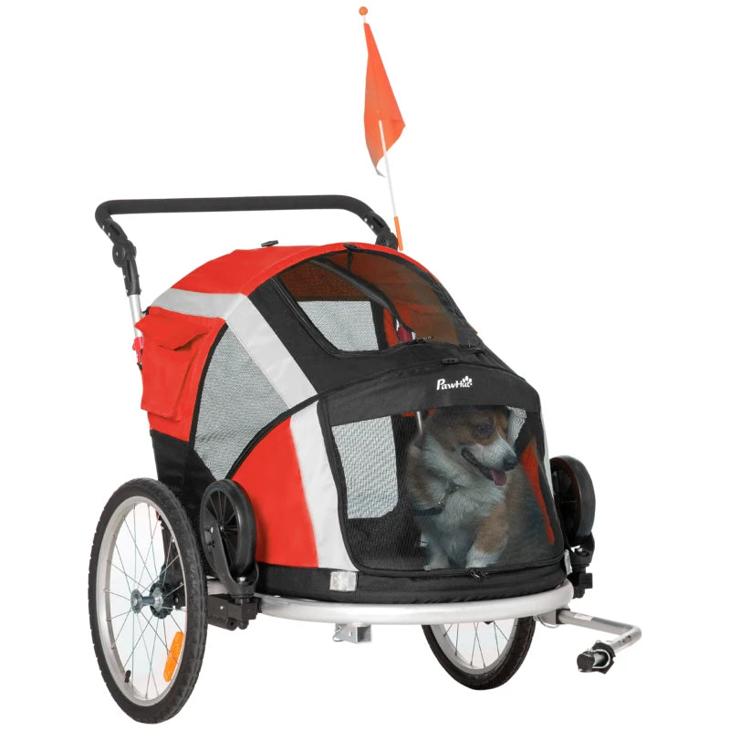 Rimorchio Bici per Cani sotto i 35kg con Porta Anteriore e Posteriore, Finestre a Rete e Tetto Apribile, 150x82x98-108cm YH3D00-142RDYH3