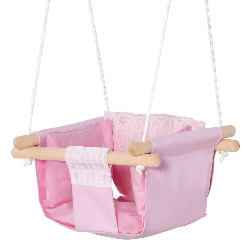 Seggiolino Altalena per Bambini in Tessuto e Legno con Cuscino, 40x40x180cm, Rosa TG6344-027PKTG6