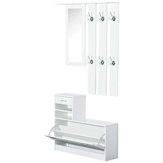 Mobile d'Ingresso Moderno Guardaroba Set Appendiabiti, Specchio e Scarpiera 3 in 1, in Legno Bianco BN3831-146WTBN3