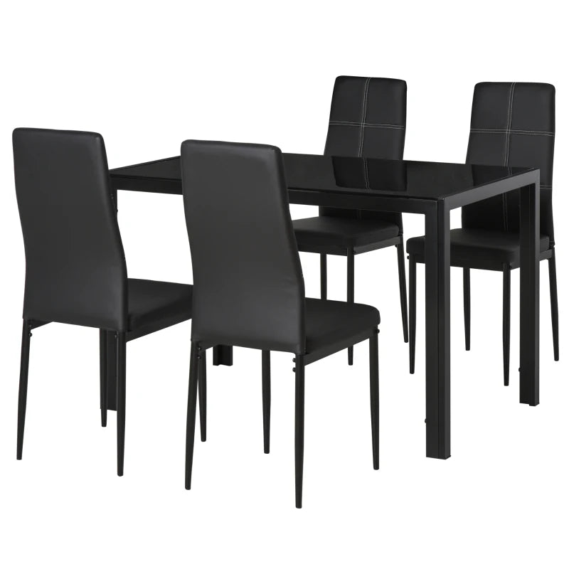 Set 5 Pezzi con 1 Tavolo e 4 Sedie per Cucina o Sala da Pranzo in Finta Pelle, Metallo e Vetro Temperato, Nero TR2835-255BKTR2