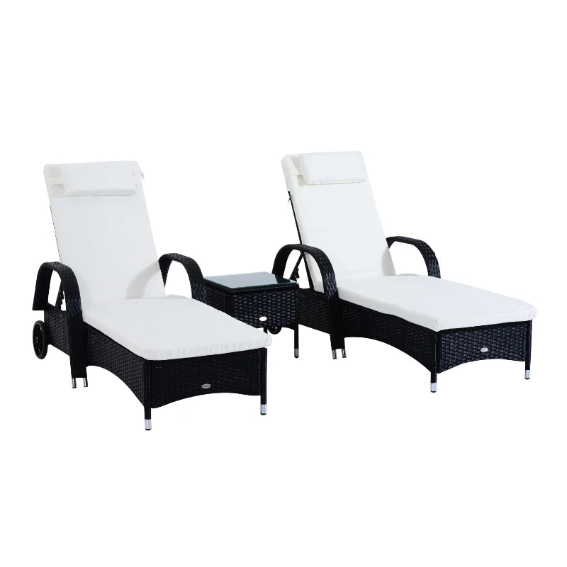 Set Mobili da Giardino 2 Sedie a Sdraio e Tavolino 3pz Lettino Prendisole Rotelle Reclinabile Rattan Nero 862-011BK