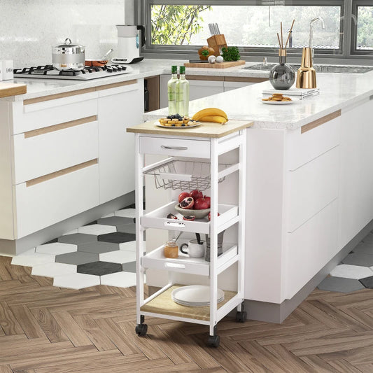 Carrello da Cucina Salvaspazio in Legno Bianco con 4 Ruote 37x37x82cm UH3801-152WTUH3