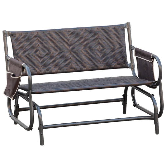 Panchina a Dondolo da Giardino 2 Posti in Rattan e Acciaio con Tasche Laterali, 122x75x88cm Marrone e Nero 867-076