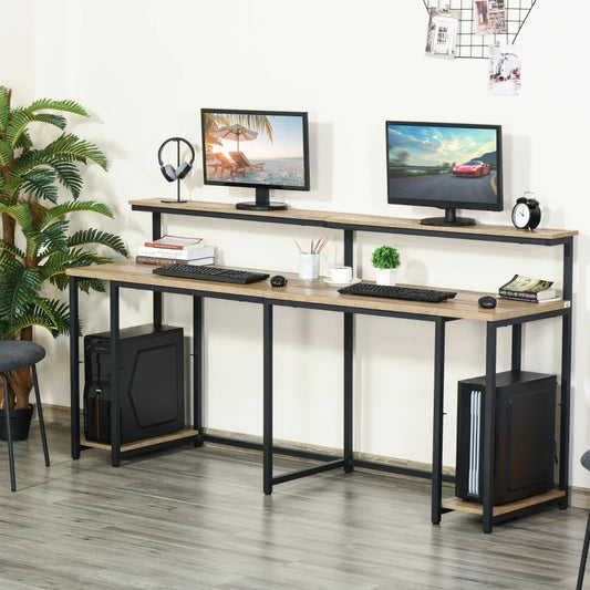 Scrivania Doppia con Scaffali e Mensola per Monitor in Stile Industriale, Scrivania con Libreria Salvaspazio per Ufficio e Studio in Metallo e MDF, 200x53x100cm, Nero Marrone ZX3836-374ZX3