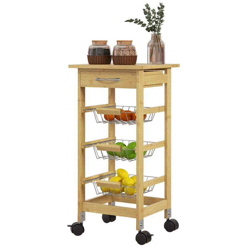 Carrello Cucina con Ruote, Cassetto e 3 Cestini a Rete Metallica, 37x37x76cm, Colore Legno TR6801-350V00NDTR6